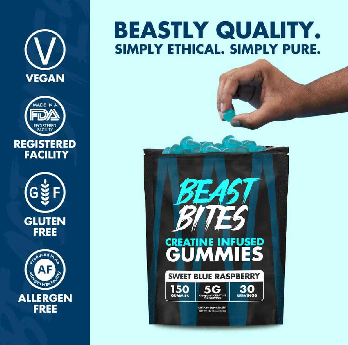 Beast Bites Creatine Gummies – 5g Creatine, Sweet Blue Raspberry – 150 Gummies