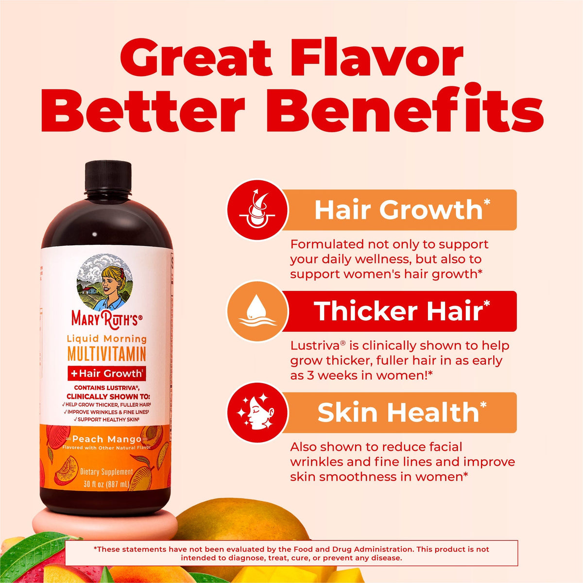 MaryRuth's Liquid Morning Multivitamin + Hair Growth with Biotin & LustrivaR - Peach Mango, 30 oz