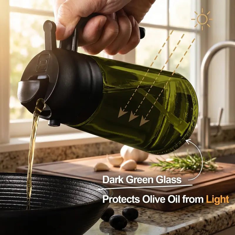 **2-Pack Glass Oil Dispenser Set, Olive Green & Amber Bottles with Black Handles, 2-in-1 Oil Sprayer and Pourer**