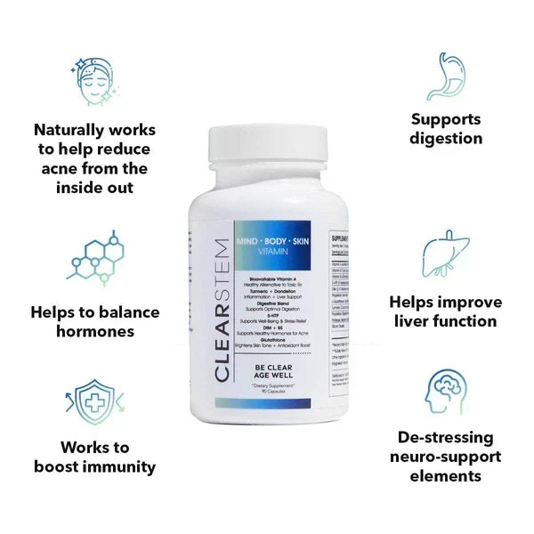 CLEARSTEM MINDBODYSKIN™ Vitamin Supplement – Hormonal Acne & Skin Balance Formula – 90 Capsules