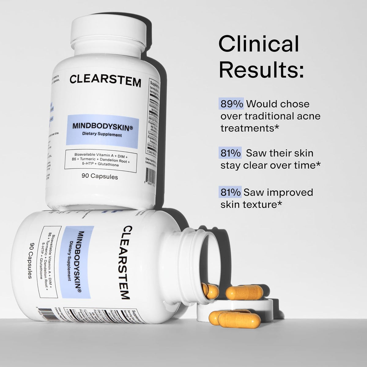 CLEARSTEM - Hormonal Acne Supplement (5-HTP) - Natural DIM Supplement - Skin Care Vitamins - Hormone Balance, Antioxidants - Gluten Free, Cruelty Free - 30 Servings, 90 Capsules
