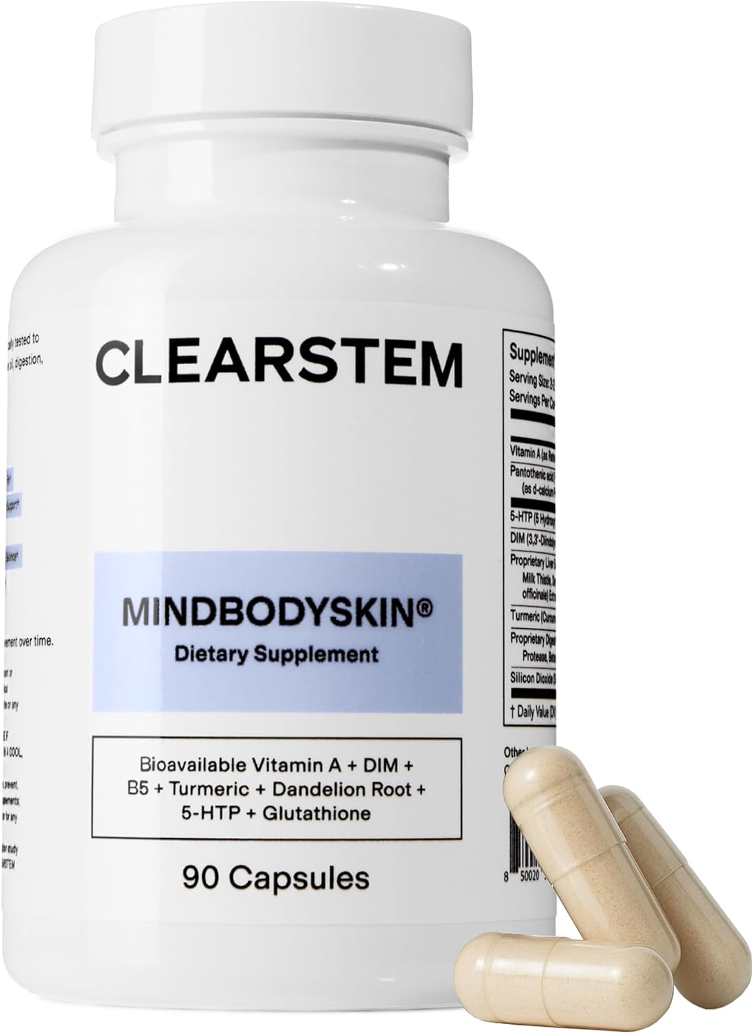 CLEARSTEM - Hormonal Acne Supplement (5-HTP) - Natural DIM Supplement - Skin Care Vitamins - Hormone Balance, Antioxidants - Gluten Free, Cruelty Free - 30 Servings, 90 Capsules