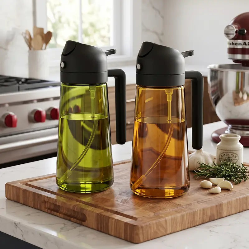 **2-Pack Glass Oil Dispenser Set, Olive Green & Amber Bottles with Black Handles, 2-in-1 Oil Sprayer and Pourer**