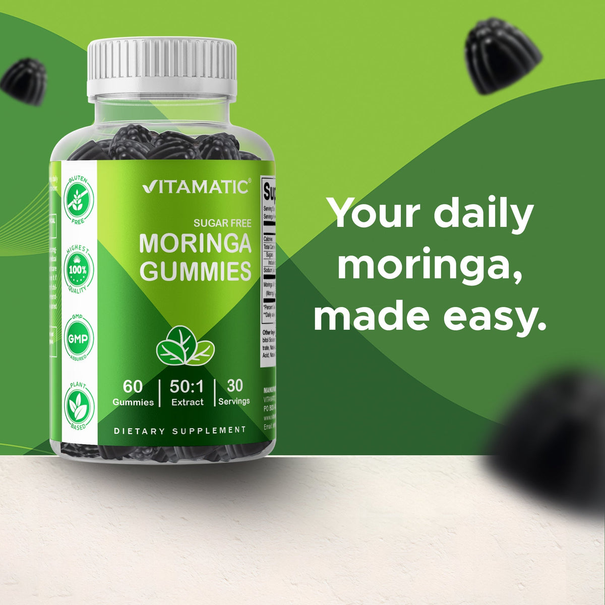 Vitamatic Sugar-Free Moringa Gummies 10,000mg – Vegan & Non-GMO – 60 Count