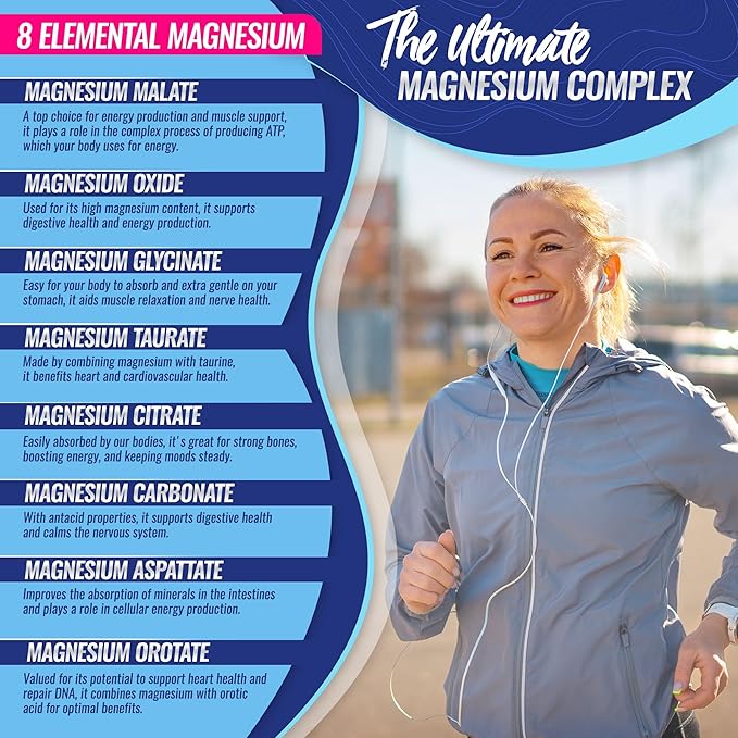 Magnesium Complex Supplement 8 Elemental 1000mg - Magnesium Glycinate, Citrate, Malate, Taurate, Chelated for Easy Absorption for Bones, Muscle, Recovery, Energy, Vegan Non-GMO 90 Capsules