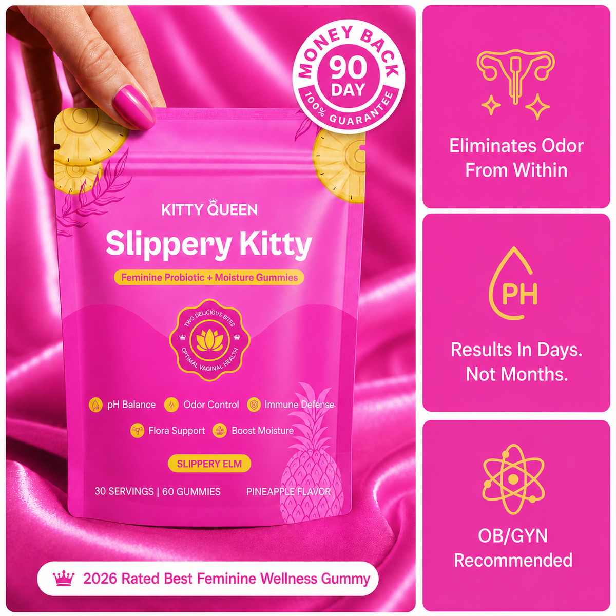 Kitty Queen Slippery Kitty Feminine Probiotic Gummies – Pineapple Flavor with Slippery Elm & Probiotics, 30 Gummies