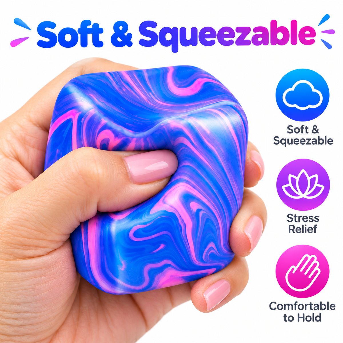 Blue Marble Swirl Cube Squishy Toy, Soft Squeeze Stress Relief Fidget, Single Piece
