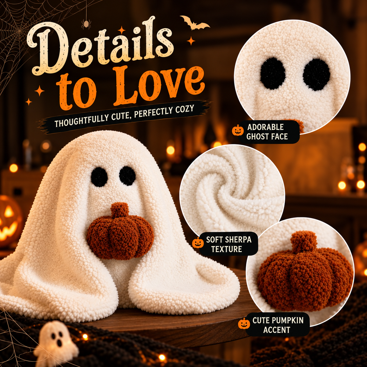 11in Halloween Ghost Plush Pillow with Pumpkin, Soft Cushion