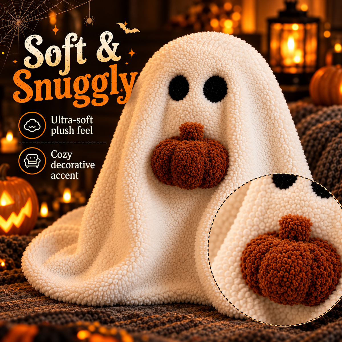 11in Halloween Ghost Plush Pillow with Pumpkin, Soft Cushion
