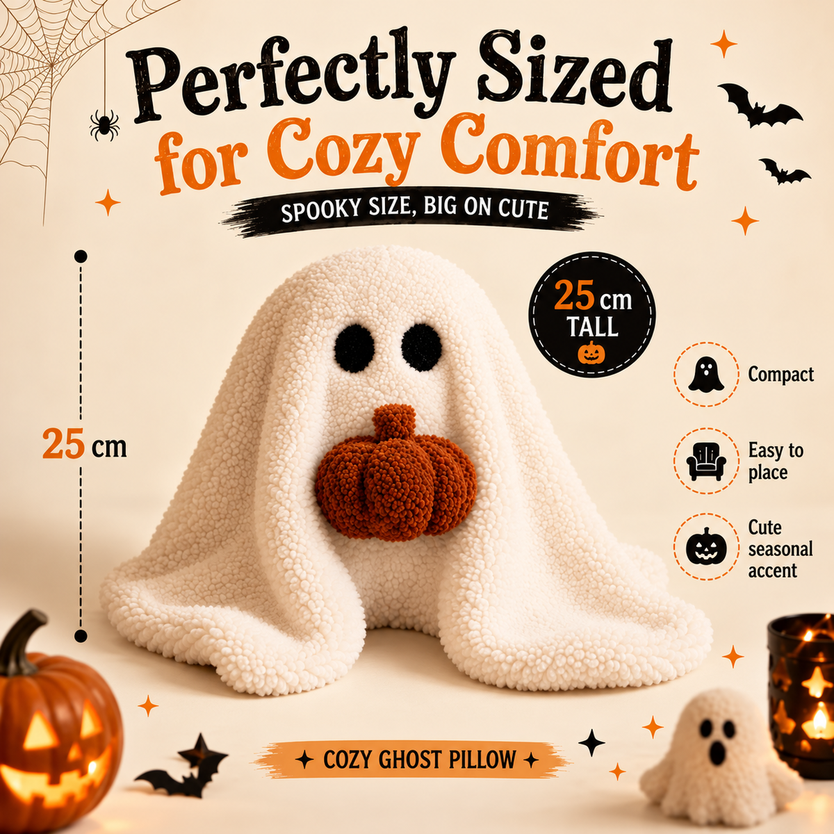 11in Halloween Ghost Plush Pillow with Pumpkin, Soft Cushion