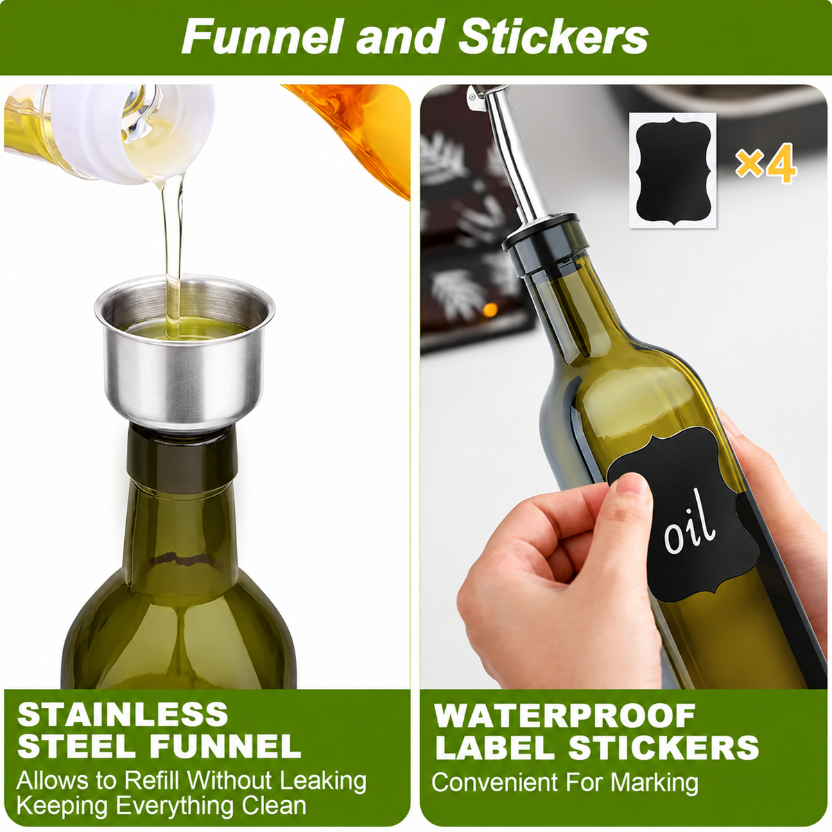 Olive Oil Dispenser Bottle Set, 2-Pack 17oz Green Glass Bottles with Stainless Steel Pourers