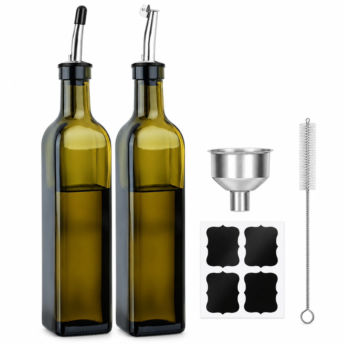 Olive Oil Dispenser Bottle Set, 2-Pack 17oz Green Glass Bottles with Stainless Steel Pourers