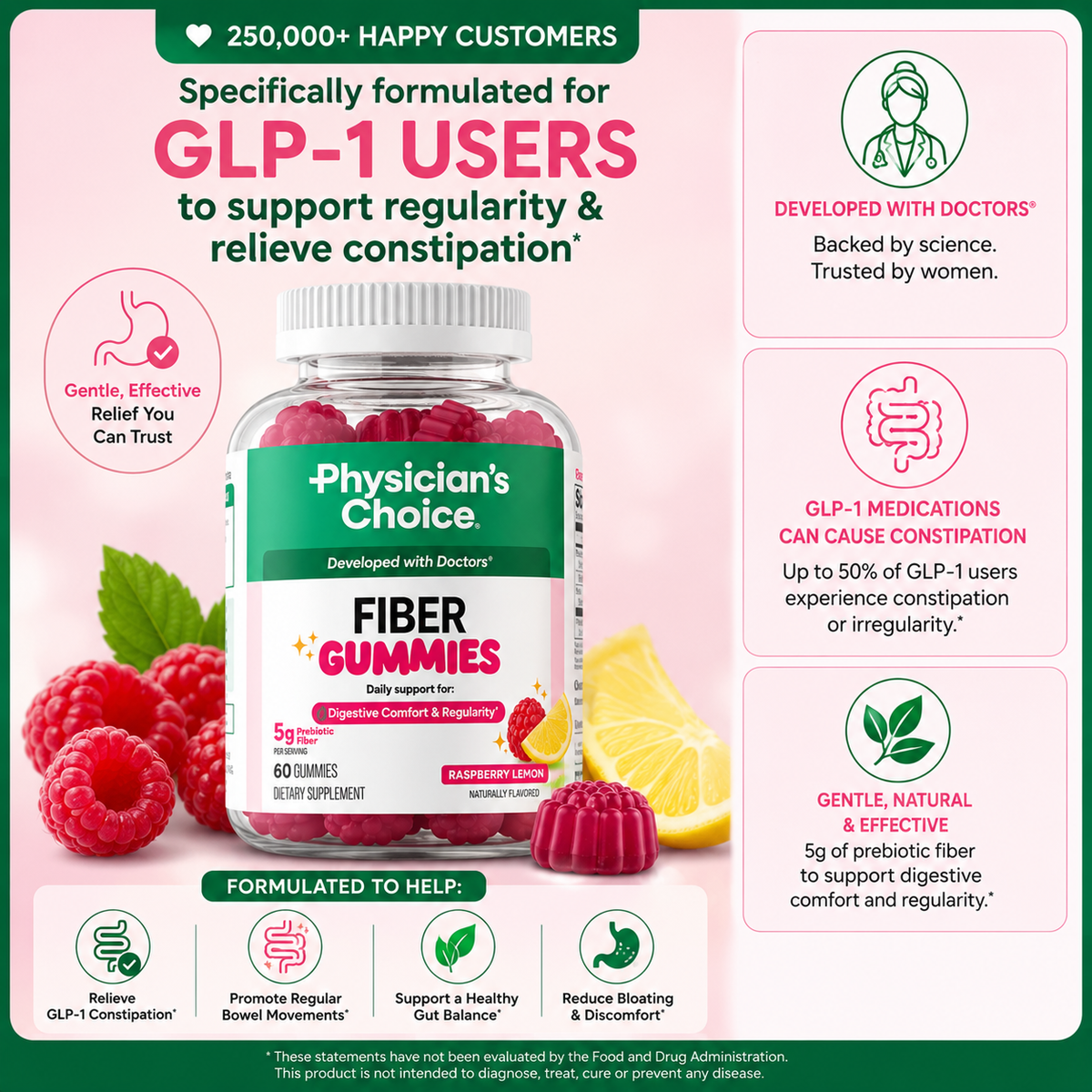 Physician’s Choice Prebiotic Fiber Gummies – 5g Fiber, Raspberry Lemon – 60 Count