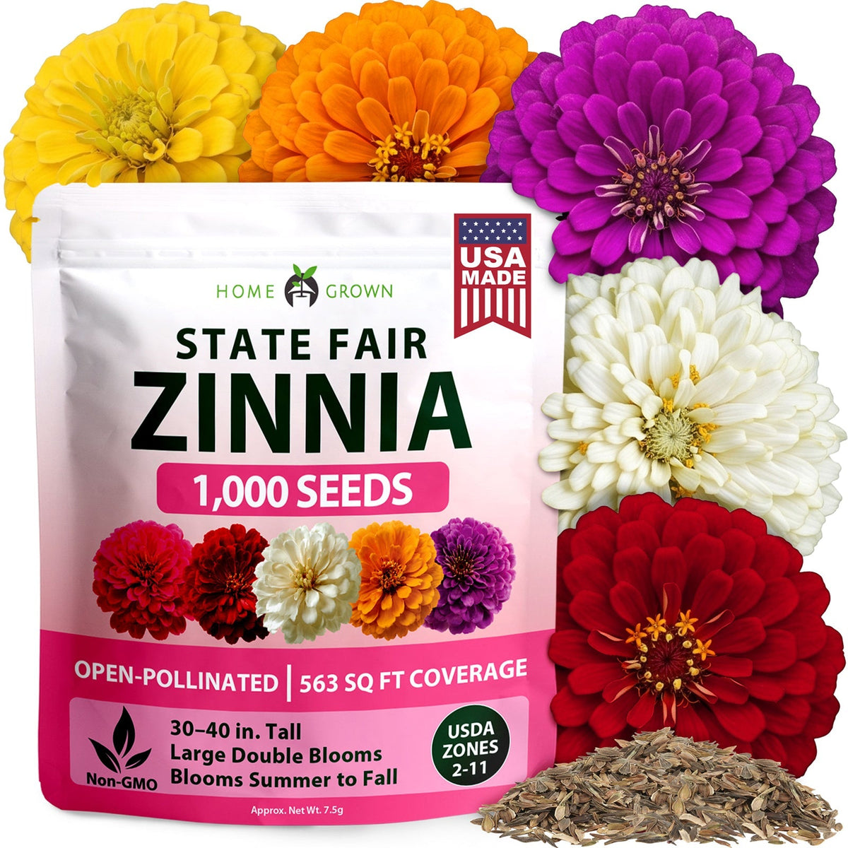 State Fair Zinnia Seeds - 1,000 Seeds (7.5g) - Large Double Blooms