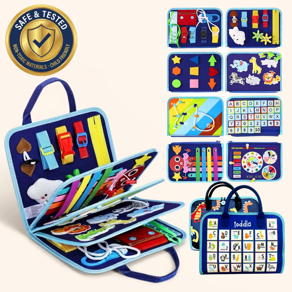 Toddla™ Travel Busy Board for Toddlers – Montessori Sensory Learning Toy for Hands-On Play at Home & On the Go