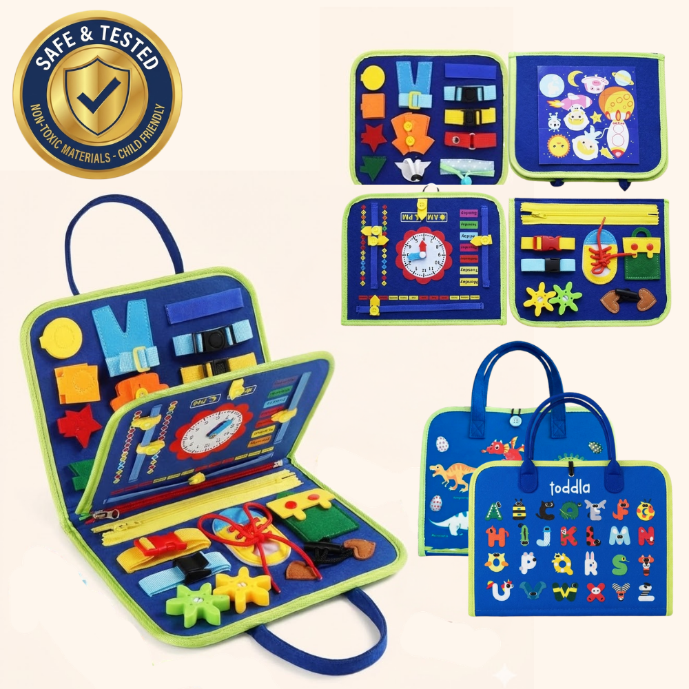 Toddla™ Travel Busy Board for Toddlers – Montessori Sensory Learning Toy for Hands-On Play at Home & On the Go