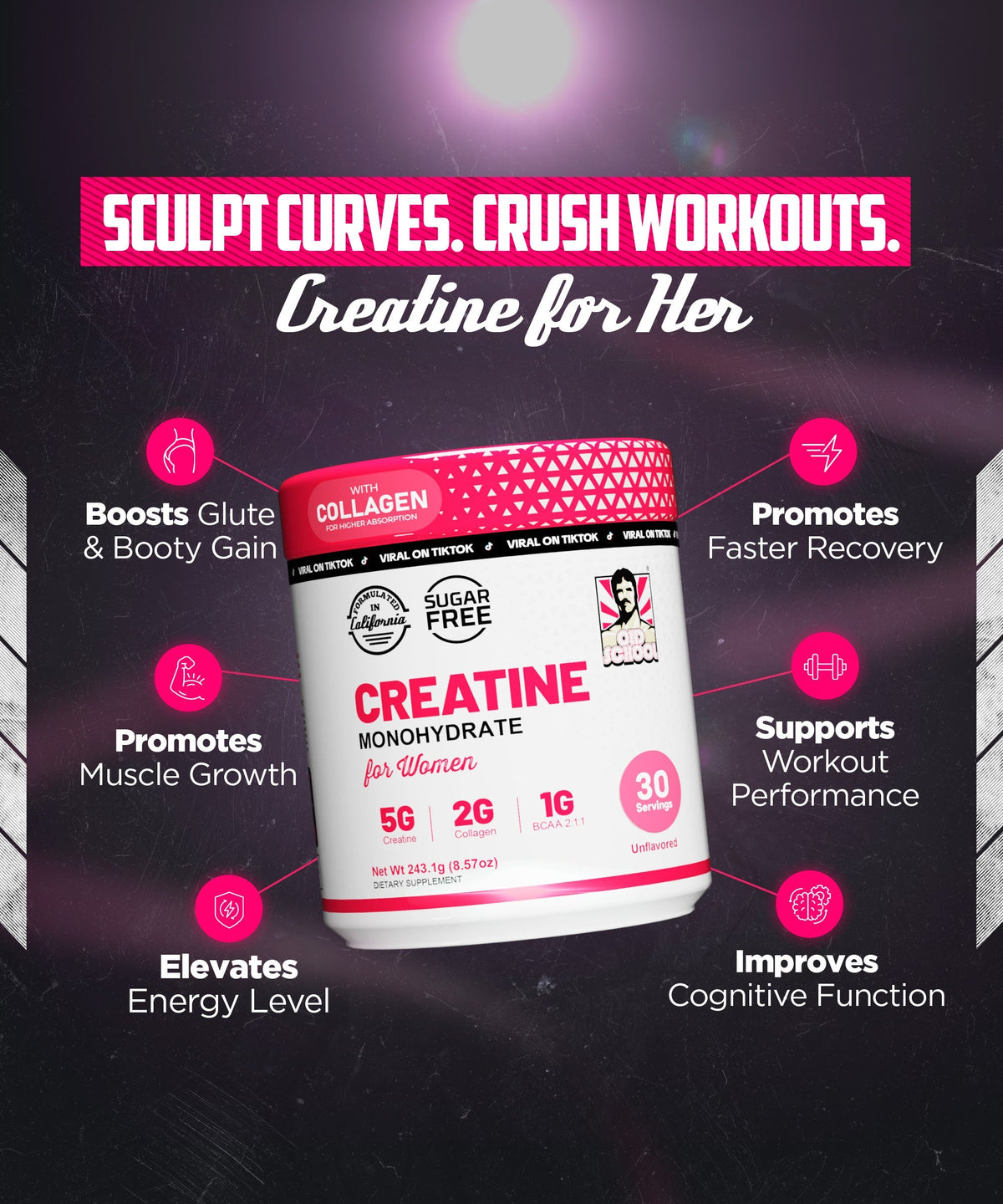 Old School Labs Creatine Monohydrate for Women – Collagen + BCAAs, 30 Servings