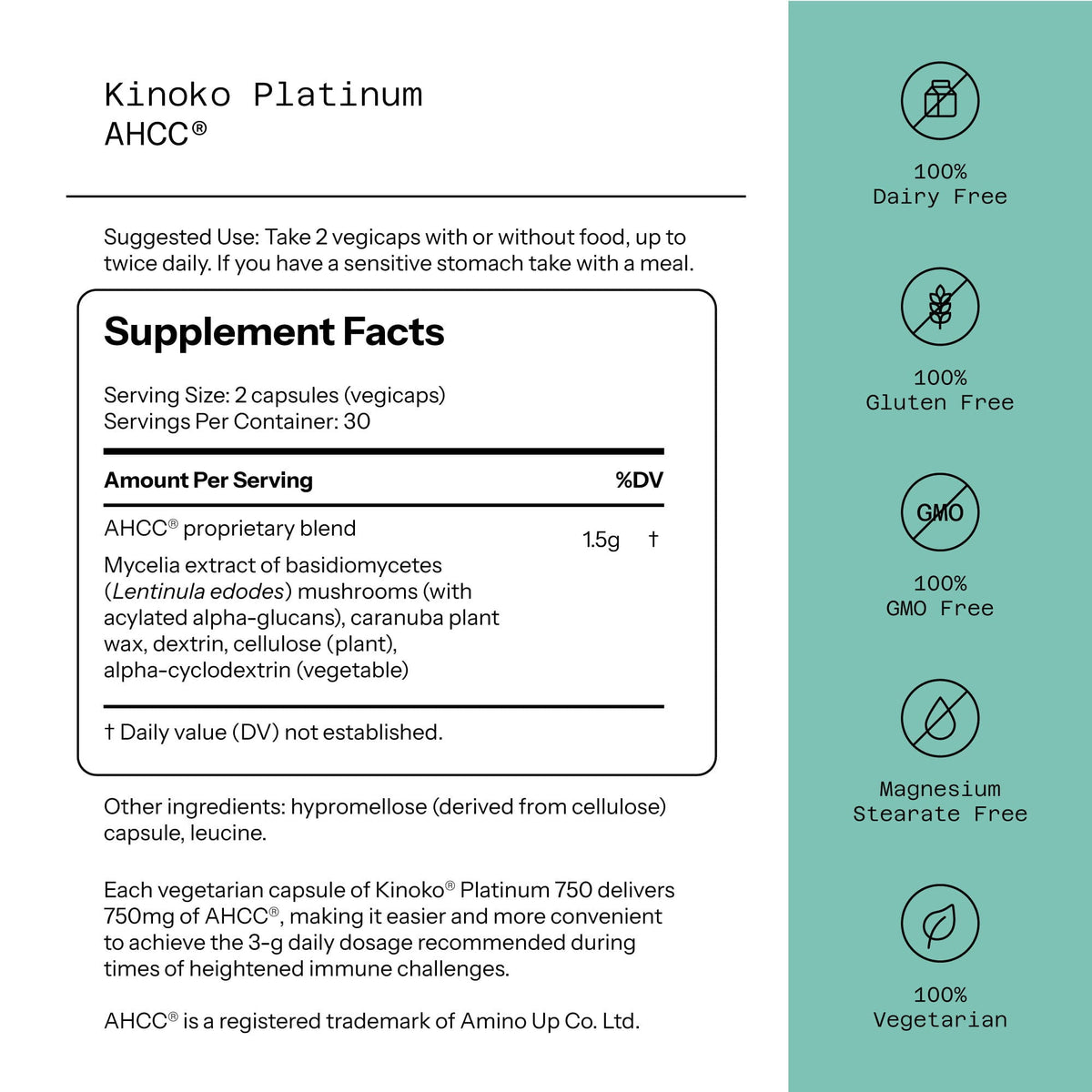 Kinoko Platinum AHCC 750mg – Acylated Alpha-Glucan Immune Support Supplement, 60 Vegicaps