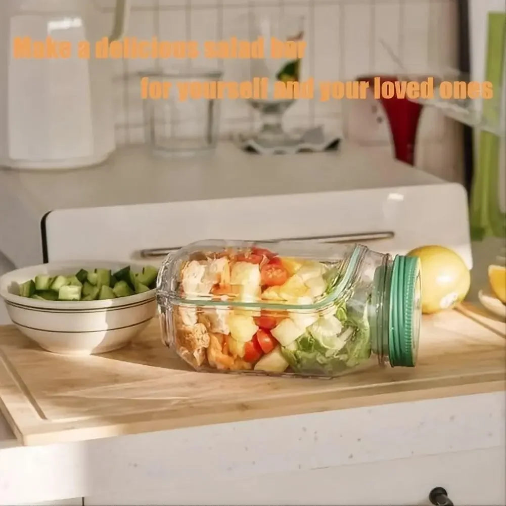Leakproof Side-Opening Salad Jar with Dressing Cup – Portable Salad Pod Container with Green Lid for Meal Prep, Office, Travel & Picnics