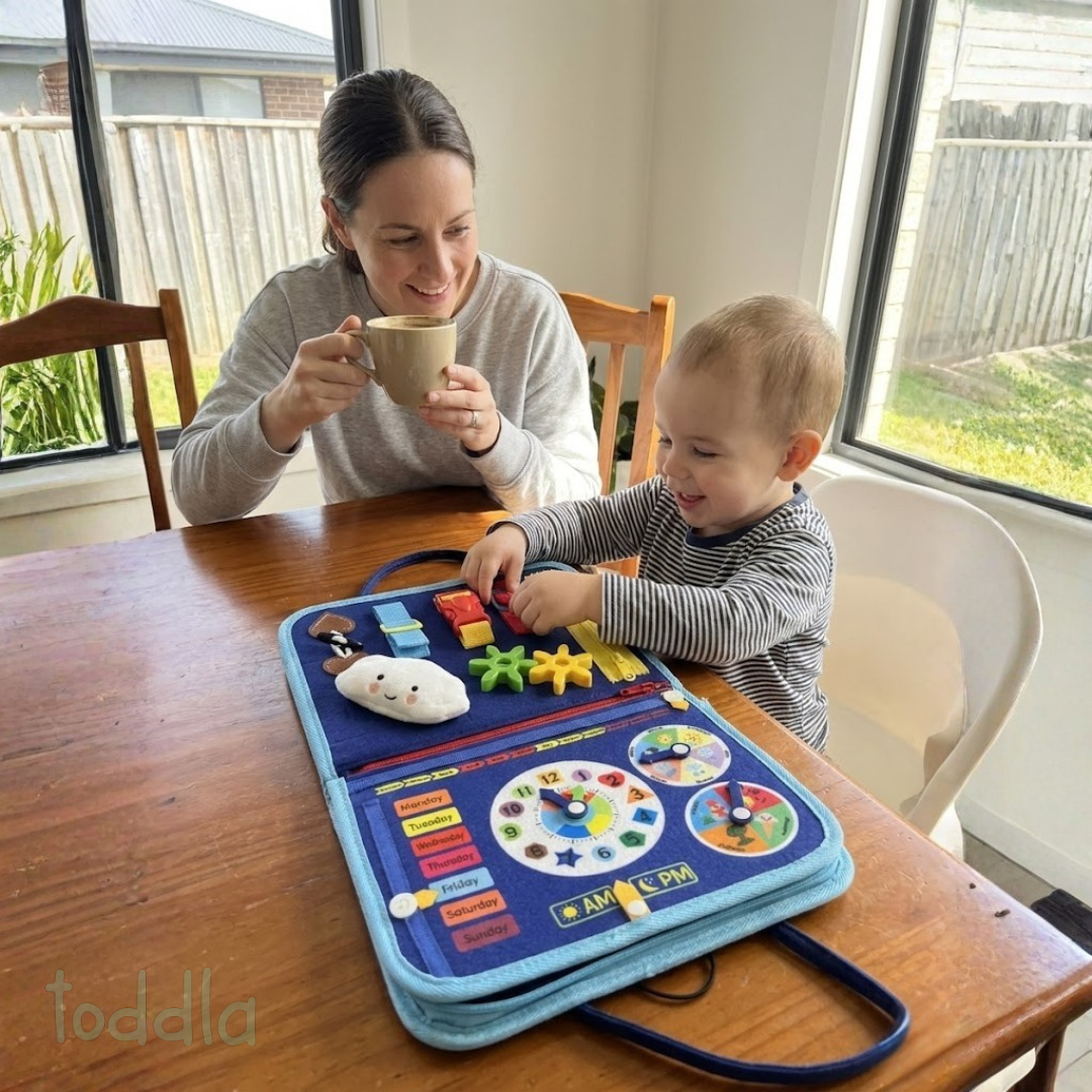 Toddla™ Travel Busy Board for Toddlers – Montessori Sensory Learning Toy for Hands-On Play at Home & On the Go