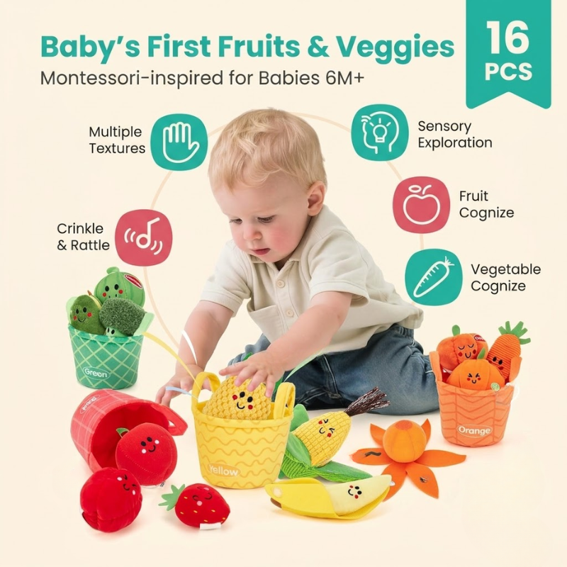 Montessori Sensory Fruit & Vegetable Sorting Toy – Plush Early Learning Set for Babies & Toddlers