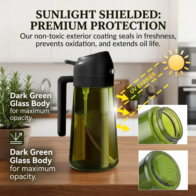 **2-Pack Glass Oil Dispenser Set, Olive Green & Amber Bottles with Black Handles, 2-in-1 Oil Sprayer and Pourer**