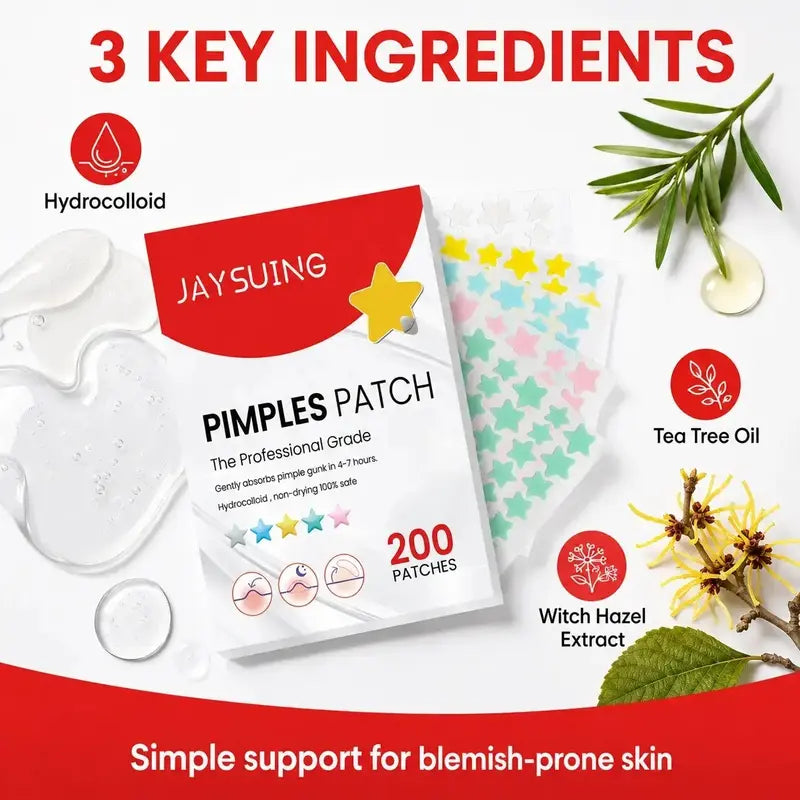JAYSUING Pimple Patches for Face, Colorful Star Hydrocolloid Acne Patches, Cute Zit Covers & Blemish Spot Stickers, 3 Sizes, 200 Count, Skin Care Patches