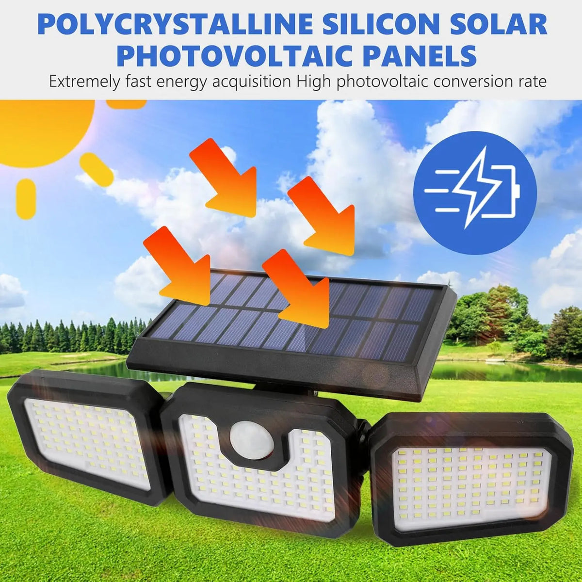 Solar-Powered Outdoor Wall Light with 3-Head Rotating Motion Sensor, Waterproof 74 LEDs for Yard and Garden