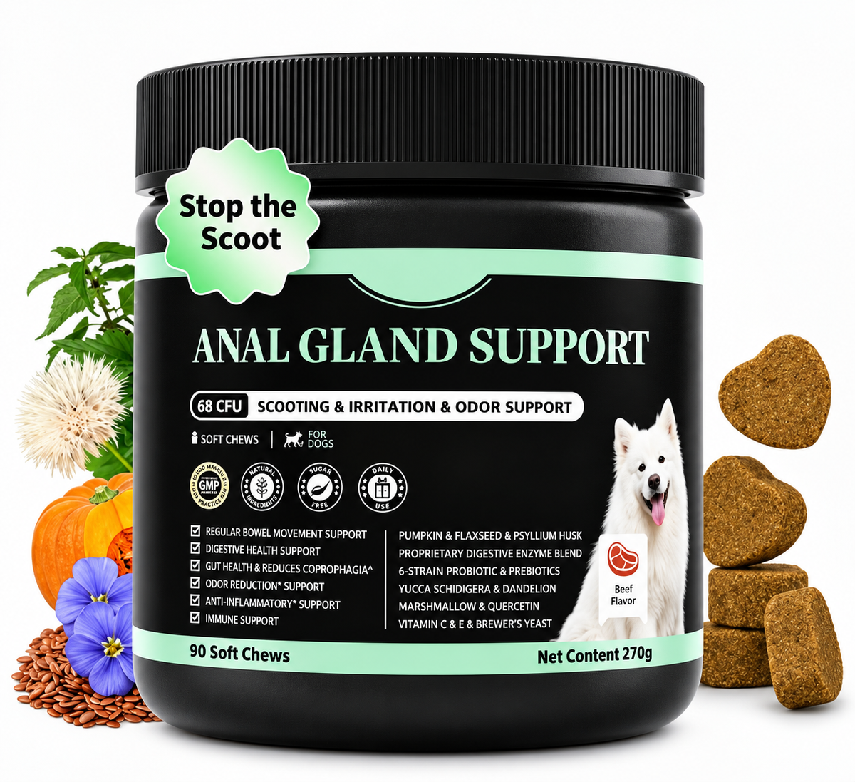 Dog Probiotics Digestive Enzymes,Pumpkin Fiber Chews For Gut Health, Constipatio