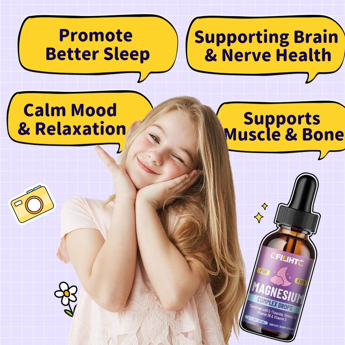 CFILIHTC Kids Magnesium Liquid Drops with L-Theanine & Omega-3 – Sleep, Calm & Brain Support (2 oz)