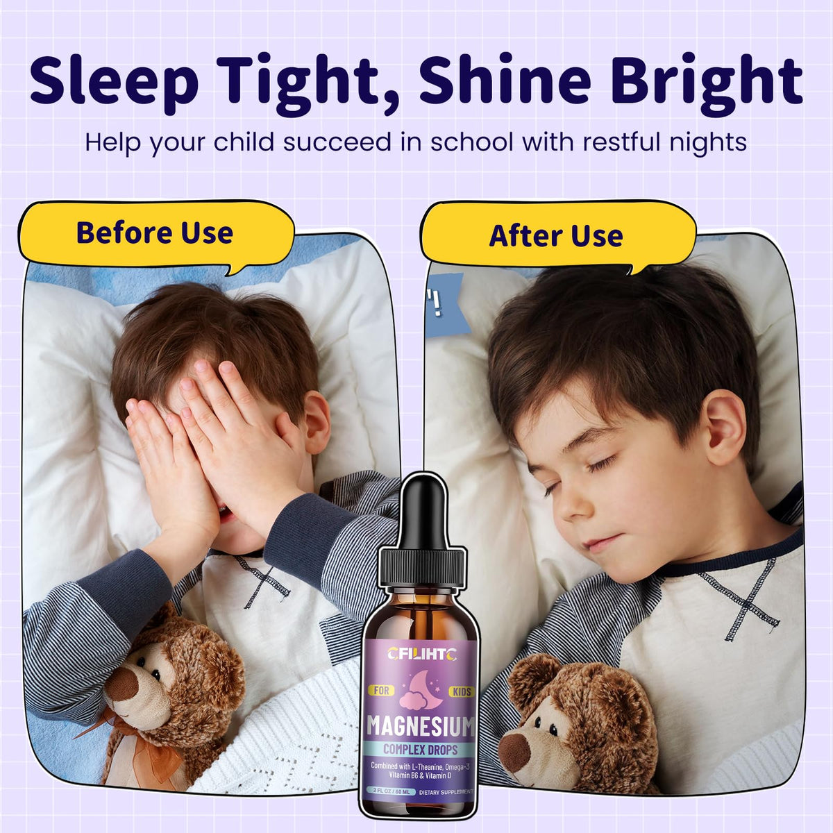 CFILIHTC Kids Magnesium Liquid Drops with L-Theanine & Omega-3 – Sleep, Calm & Brain Support (2 oz)