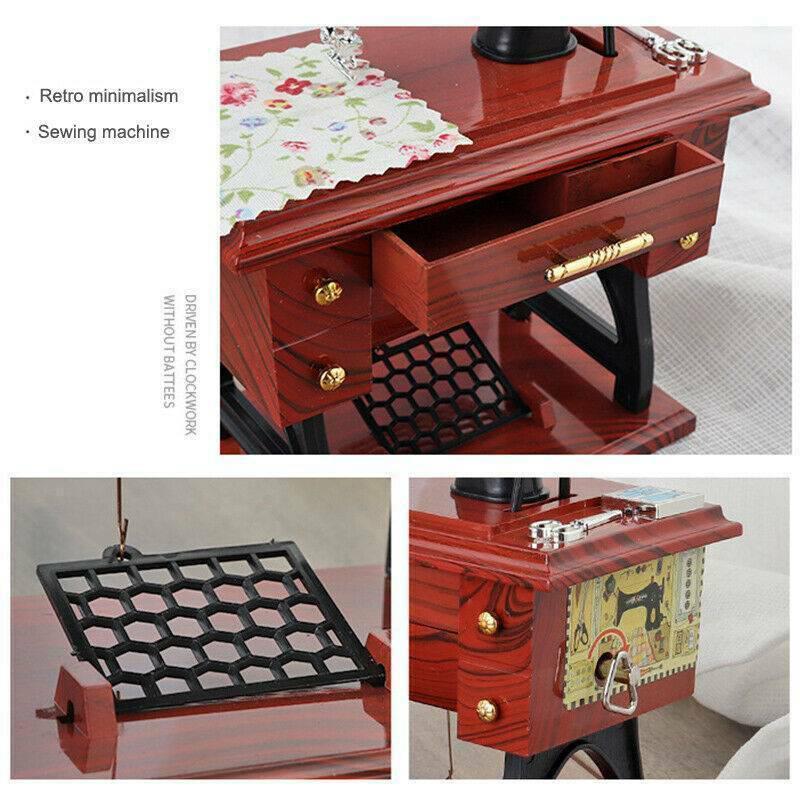 Vintage Mini Sewing Machine Music Box with Drawer – Retro Wooden Treadle Sewing Machine Decor