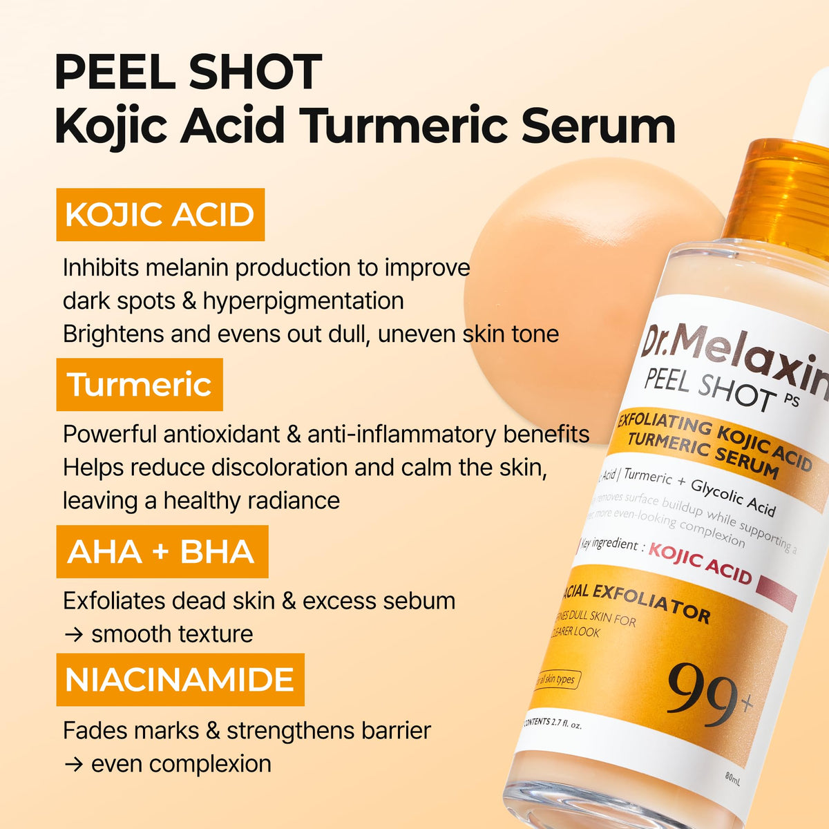 Dr.Melaxin Peel Shot Kojic Acid Turmeric Serum — 80ml exfoliating AHA/BHA pore-refining brightening ampoule