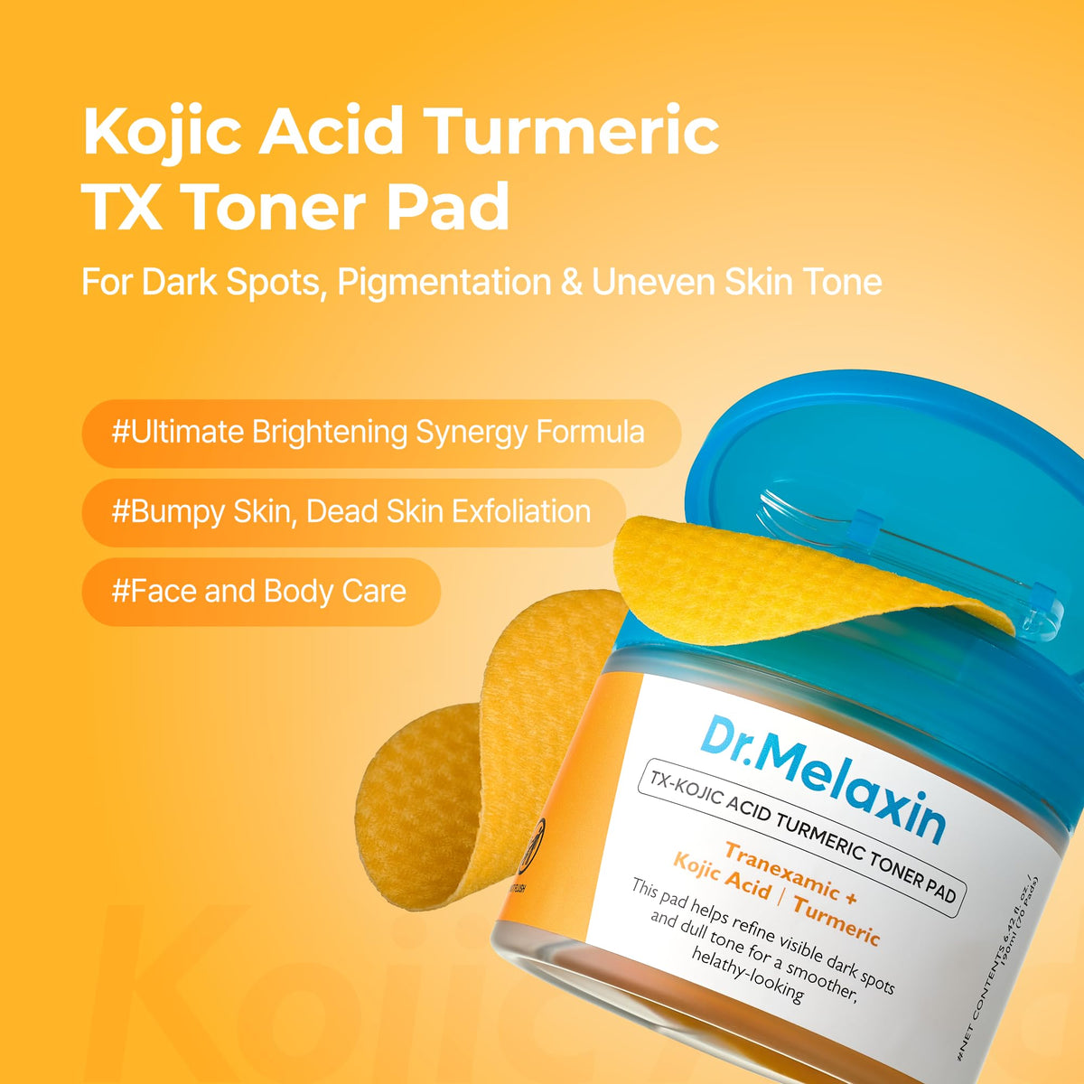 Dr.Melaxin TX Turmeric Toner Pads – 70 Sheets, Tranexamic & Kojic Acids, Brightening Korean Skincare