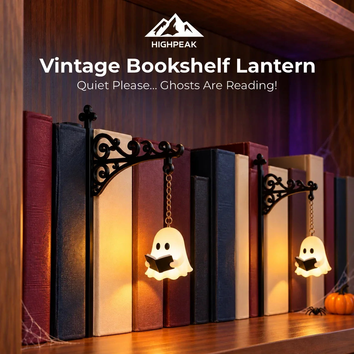 Vintage Gothic Bookshelf Lantern Decor – Hanging LED Lantern & Halloween Ghost Book Nook Ornament