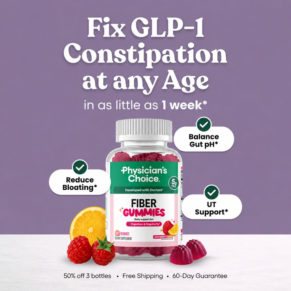 Physician’s Choice Prebiotic Fiber Gummies – 5g Fiber, Raspberry Lemon – 60 Count