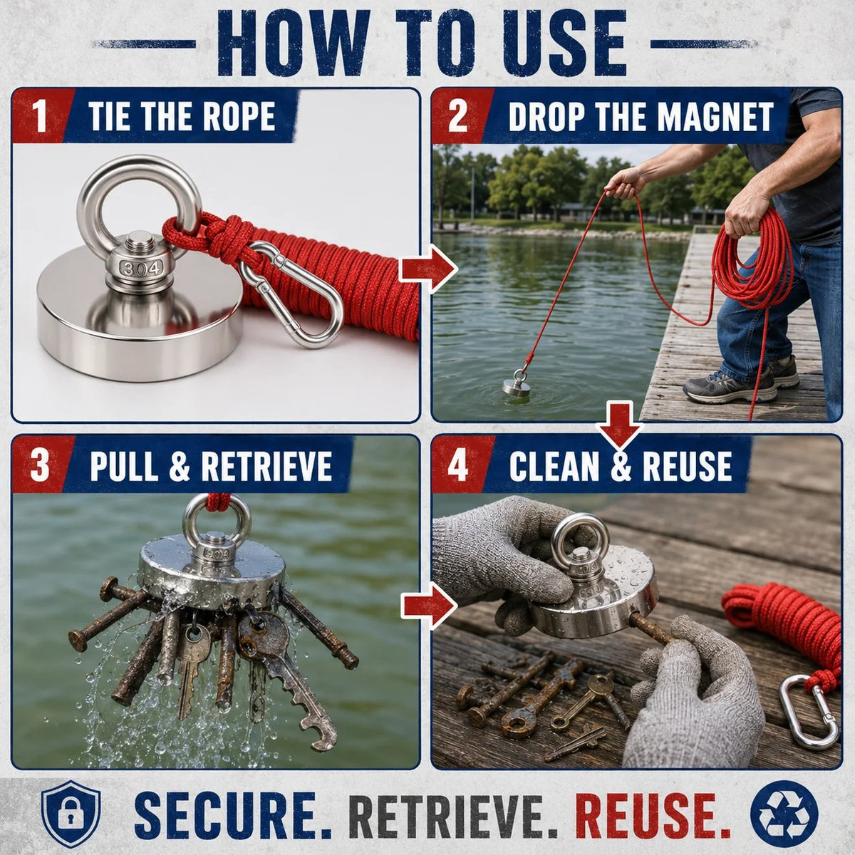 🔥🛠️Strong Neodymium Fishing Magnet Kit with 304 Stainless Steel Eyebolt, Red Rope & Carabiner for Treasure Hunting and Metal Retrieval