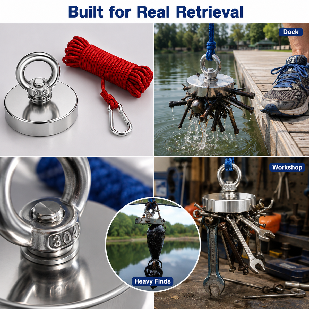 🔥🛠️Strong Neodymium Fishing Magnet Kit with 304 Stainless Steel Eyebolt, Red Rope & Carabiner for Treasure Hunting and Metal Retrieval
