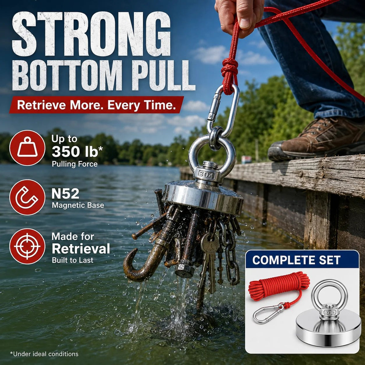 🔥🛠️Strong Neodymium Fishing Magnet Kit with 304 Stainless Steel Eyebolt, Red Rope & Carabiner for Treasure Hunting and Metal Retrieval