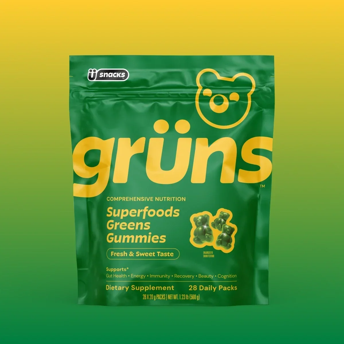 Grüns Superfood Greens Gummies – 60+ Nutrients for Daily Wellness, Gut Health & Energy, 28 Daily Packs