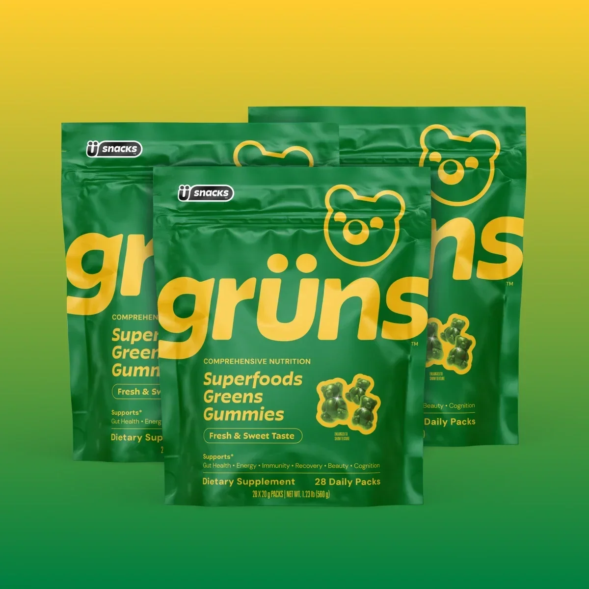 Grüns Superfood Greens Gummies – 60+ Nutrients for Daily Wellness, Gut Health & Energy, 28 Daily Packs