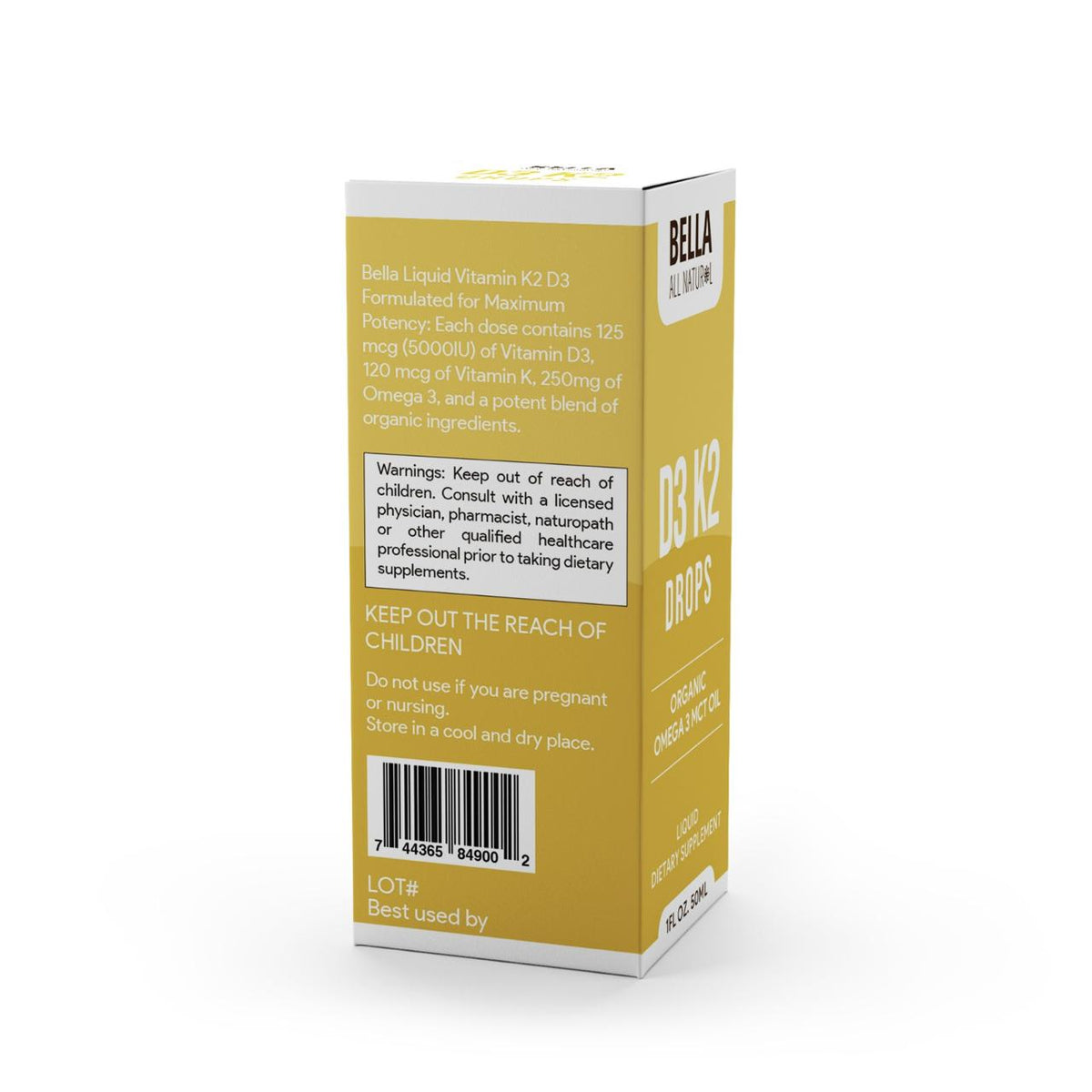 Bella All Natural Vitamin D3 K2 Drops – Organic MCT Oil Liquid Supplement, 50mL