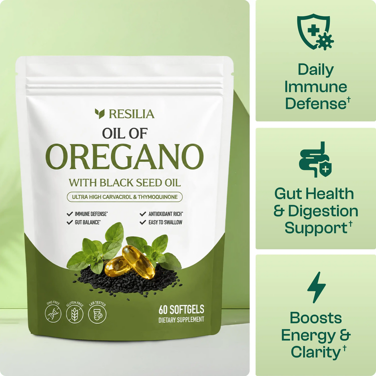 Resilia® Oil of Oregano 6000mg with Black Seed Oil – Immune & Digestive Support, 60 Softgels