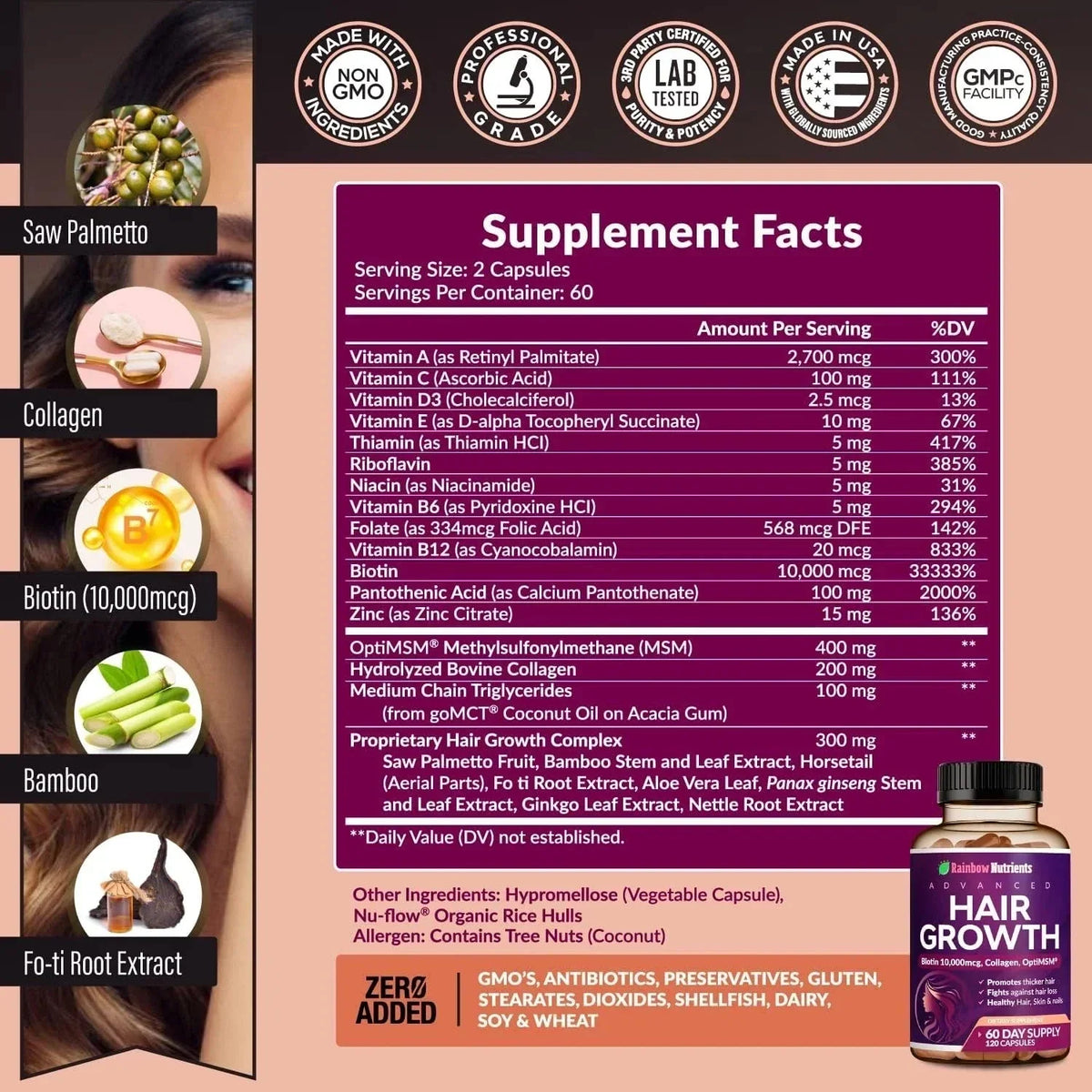 Rainbow Nutrients ADVANCED Hair-Growth Vitamins – Biotin 10,000mcg Collagen New