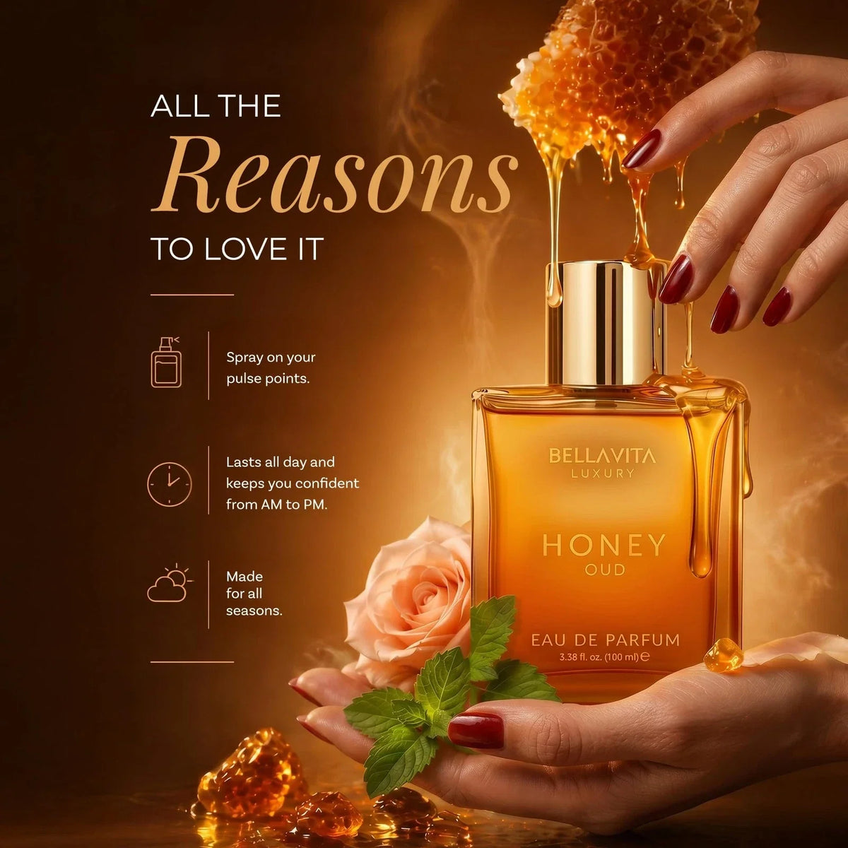 Bellavita Luxury Honey Oud Eau de Parfum | 100 ml (3.4 3.38 Fl Oz (Pack of 1)