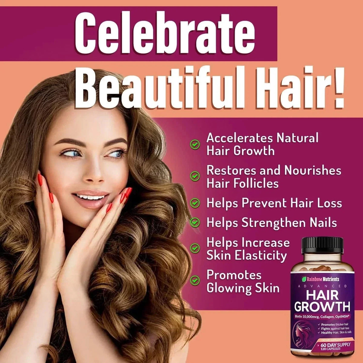 Rainbow Nutrients ADVANCED Hair-Growth Vitamins – Biotin 10,000mcg Collagen New