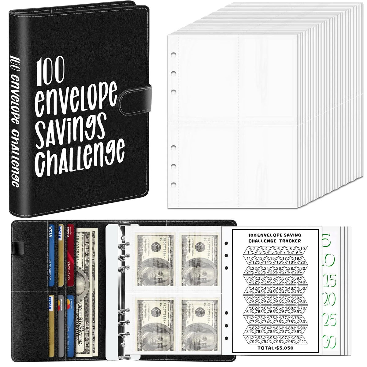 100 Envelope Challenge Binder Savings Book with Envelopes Budget Binder for cash