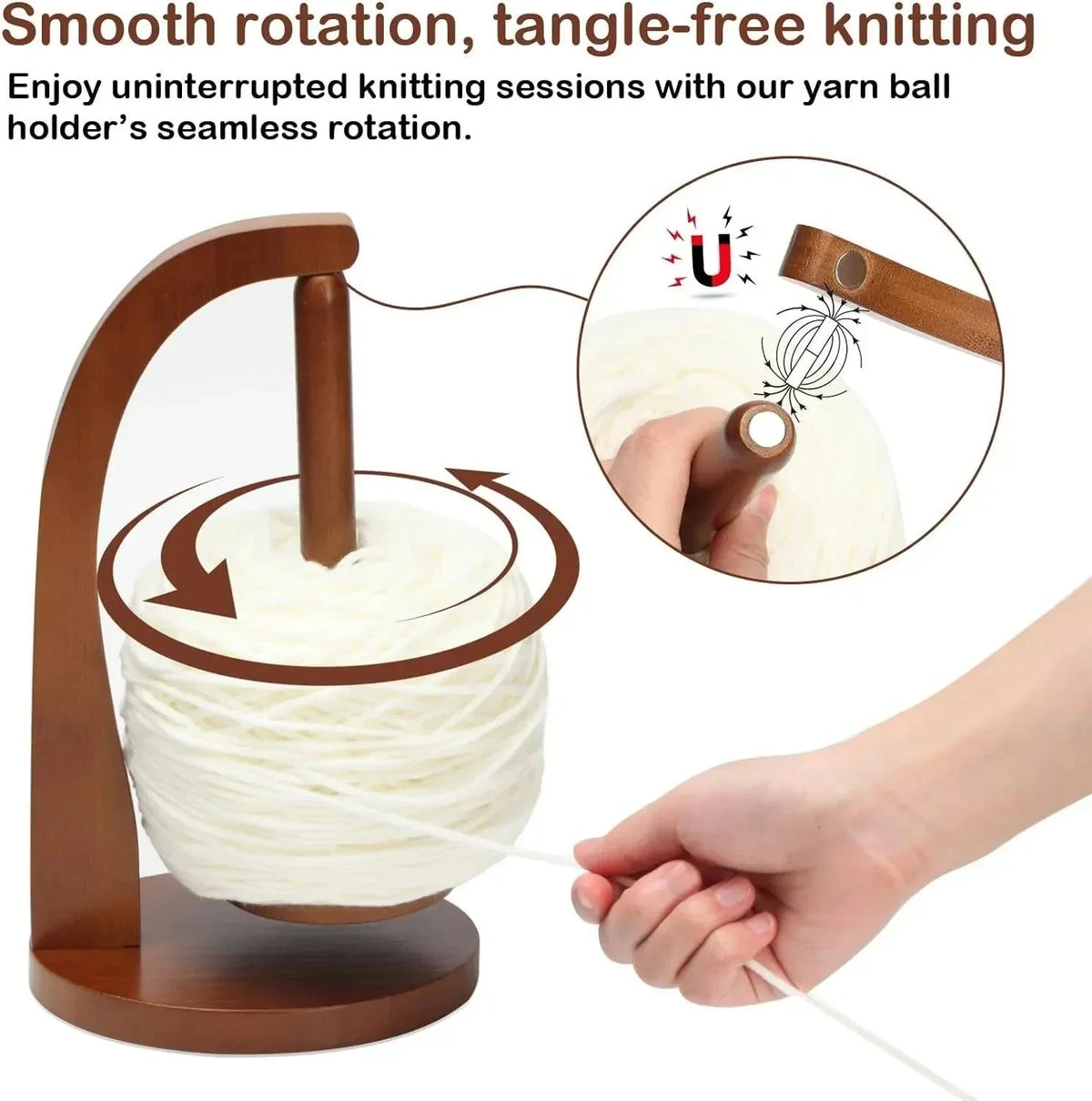 Wooden Yarn Holder Rotating Magnetic Spinning Knitting Crochet Spinner Tool,Natural Wood / Light Brown