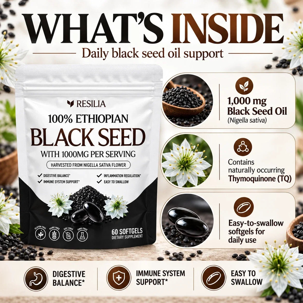 1-5 Pack Resilia Ethiopian Black Seed Oil 1000MG Organic Natural 60 Softgels