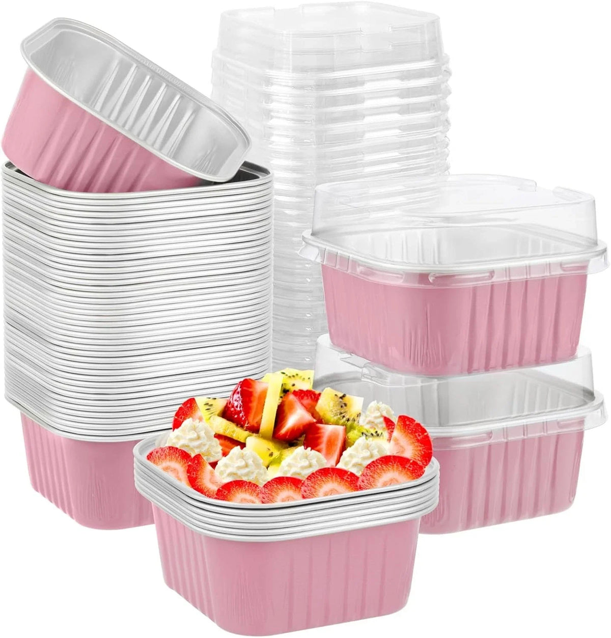 50 Pcs Aluminum Foil Mini Square Baking Cups with Lids,5oz Disposable Ramekins